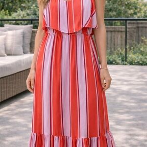 Old Navy Striped Maxi Dress Size Large Pink red Ruffle Tiered Summer